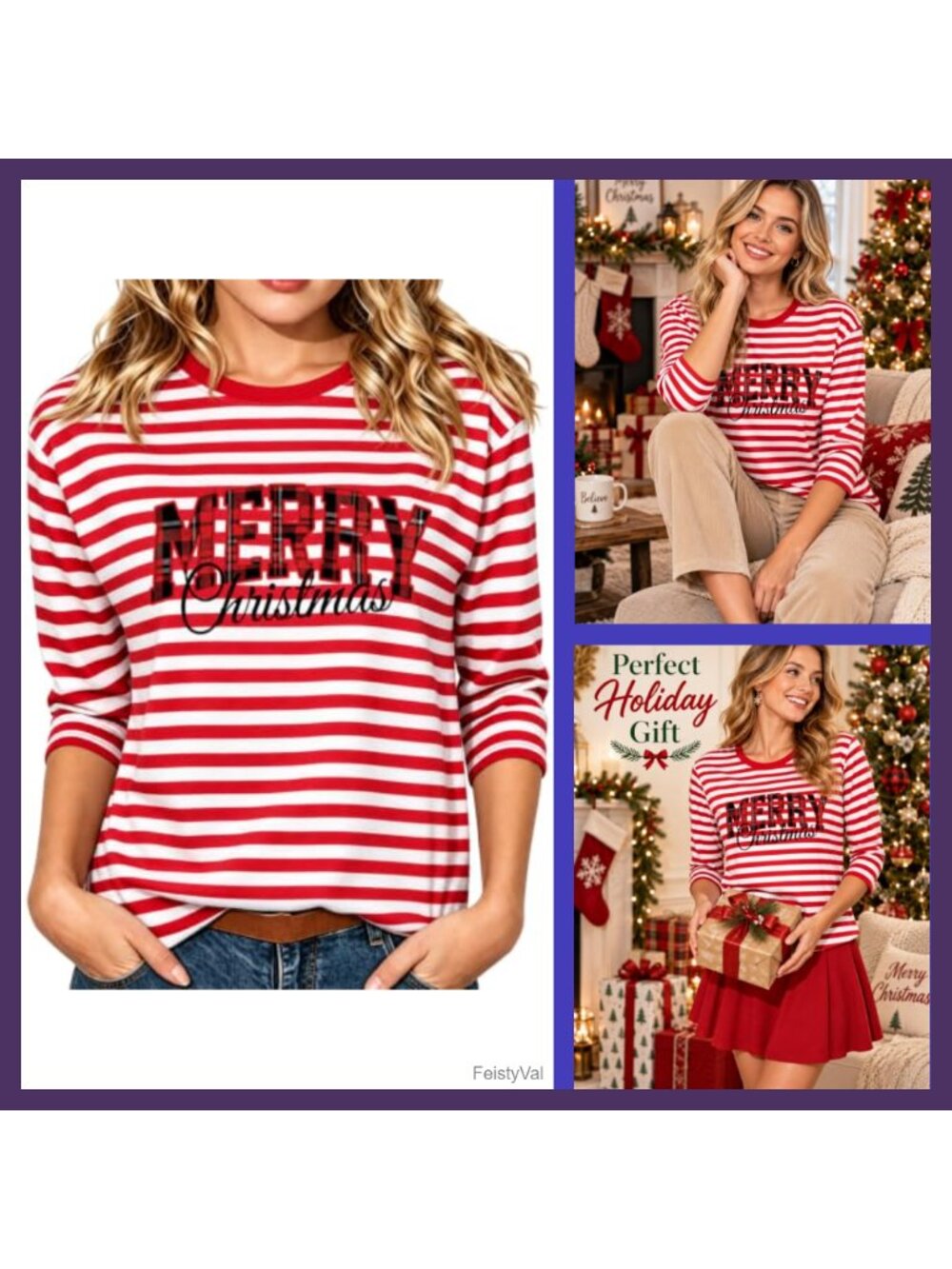 Women's Christmas 3/4 Sleeve T-Shirt Funny Holiday Party Top